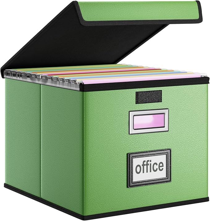 File Organizer Box with Lid, Collapsible Faux Leather Document Organizer by Huolewa