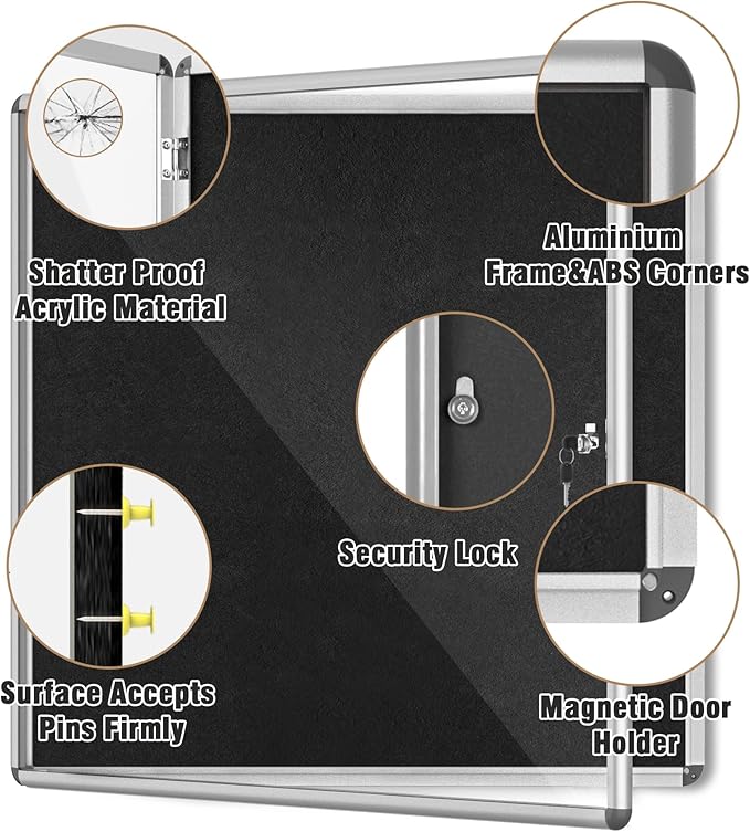 38"x38" Enclosed Bulletin Board, Lockable Weather-Resistant Aluminum Cork Noticeboard for School & Office, Silver Frame w/Black Flet-DeskLoop Office