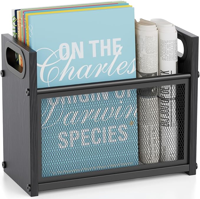 Black Magazine Holder, Wood Magazine Rack Floor, Mesh Magazine File Holder by OFIDELITY