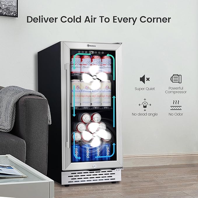 15 Inch Beverage Refrigerator Under Counter, 130 Cans Beverage Fridge with Tempered Glass Door & Lock, 37-65°F Beverage Cooler For Home/Bar, Built-in/Freestanding Mini Drink Cooler(3.53 cu.ft)-DeskLoop Office