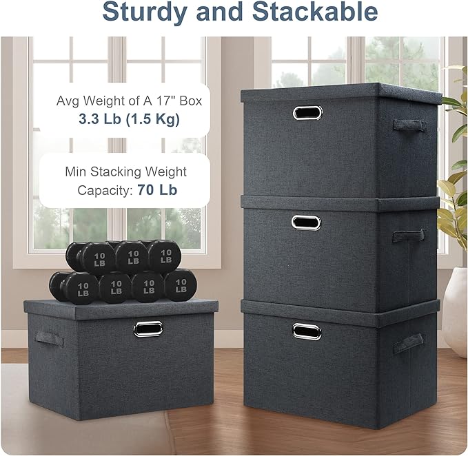 Large 17" 36 Quart Collapsible Stackable Storage Bins with Lids, 3 Packs Dark Gray Foldable Fabric Closet Storage Boxes with Lids, Heavy-duty Linen Cube Baskets(17x12x11)-DeskLoop Office