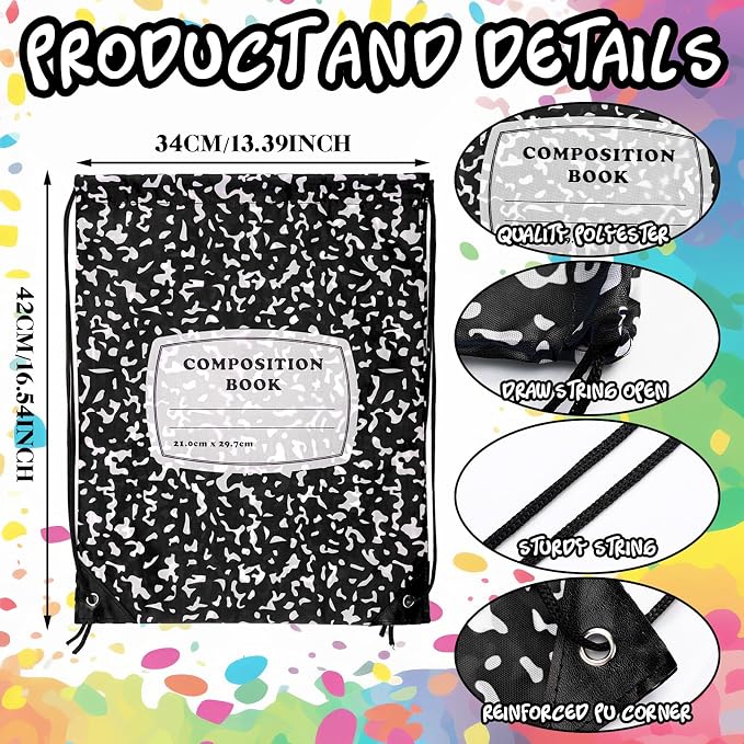 24 Pcs Back to School Composition Book Drawstring Bag Bulk 13"x16" Backpacks - Image 3