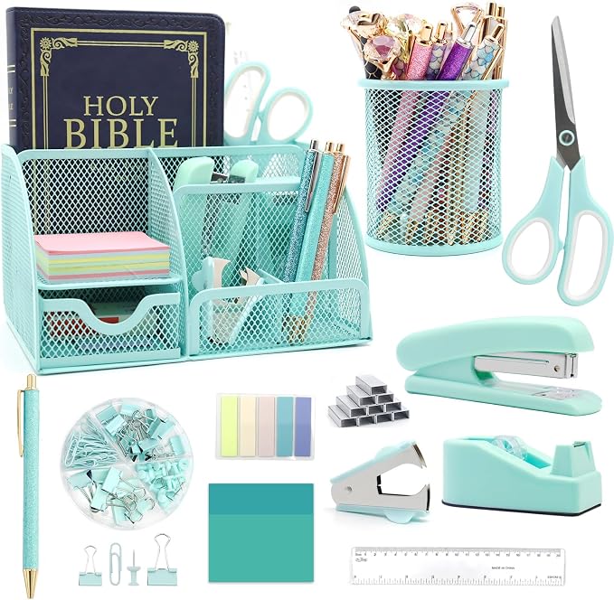 12 in 1 Green Desk Organizers & Accessories Set, Office Supplies Include Stapler by Shellvcase