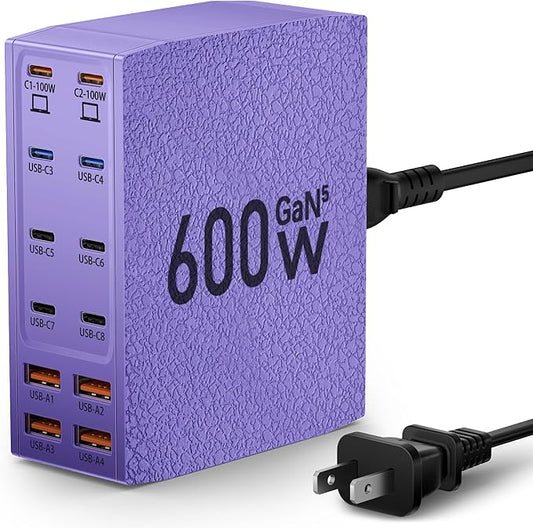 Charging Station (600W),12-Port USB C Charger Block with Dual 100W PD USB-C Fast Charging Station Hub for MacBook Pro/Air/All iPad iPhone 17/16 15/14/13/Pro Max/Samsung Galaxy Note(Purple)-DeskLoop Office