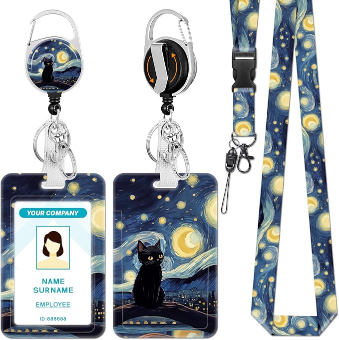 Hancynir Black Cat Lanyards for Id Badges, Starry Night Badge Holder by Hancynir