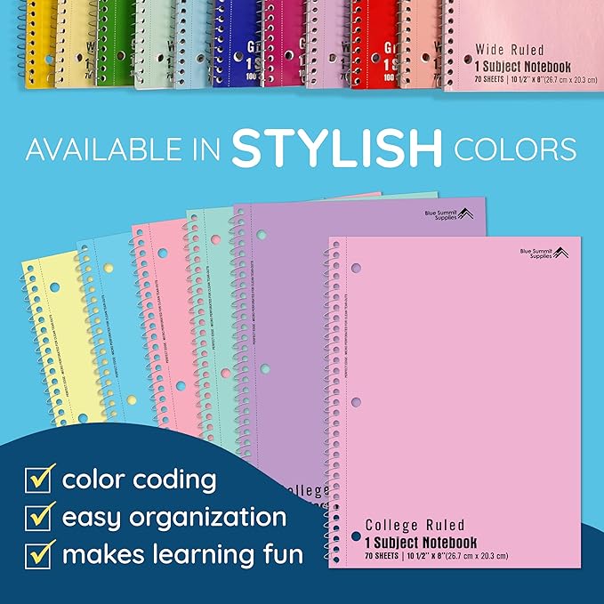 Blue Summit Pastel Spiral Notebook College Ruled, One Subject School Notebooks Spiral, Perforated Notebooks Bulk, 8 x 10.5 School Book, Paper, College Ruled, 12 Pack-DeskLoop Office