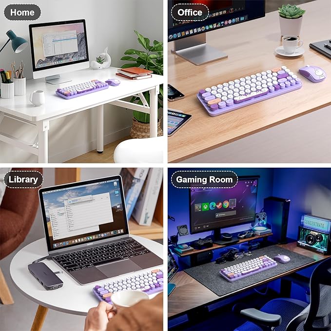 FOPETT Wireless Keyboard and Mouse Cute Mouse and Keyboard 2.4G Wireless Keyboards with Colorful 68 Keys Typewriter Retro Round Keycap for PC, Laptop,Tablet,Computer Windows - Purple Colorful-DeskLoop Office