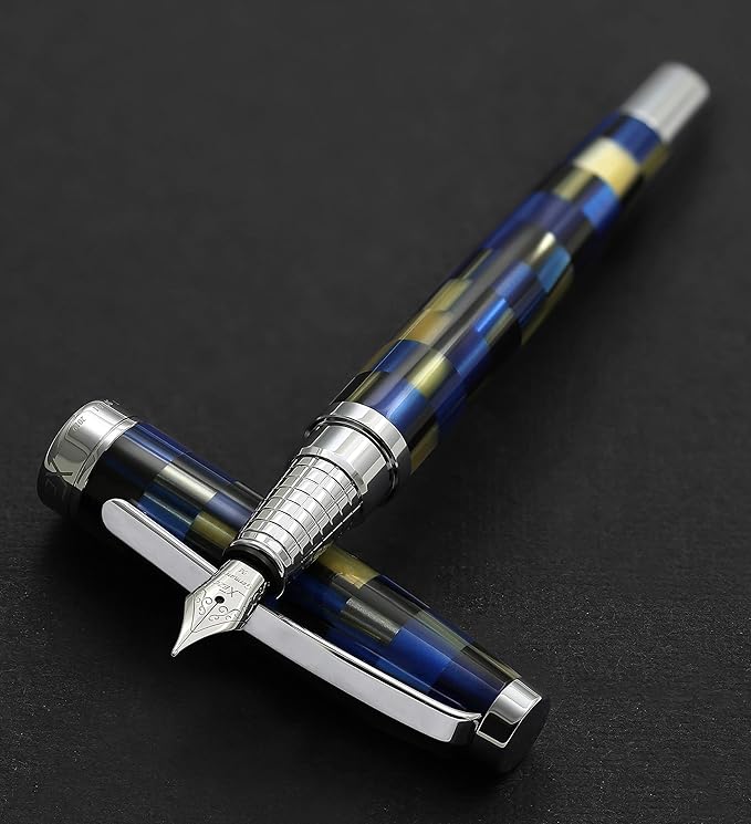Xezo Urbanite Fountain Pen, Medium Nib. Retro Blue, Black, and Cream Colors with Chrome Plating. Limited Edition and Serialized. No Two Alike-DeskLoop Office
