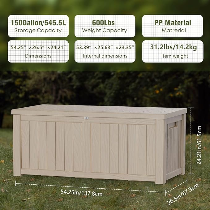 150 Gallon Lockable Resin Deck Box, Waterproof & UV-Resistant Outdoor Storage Box for Outdoor Cushion Storage, Garden Tools & Pool Accessories Storage, Gray-DeskLoop Office