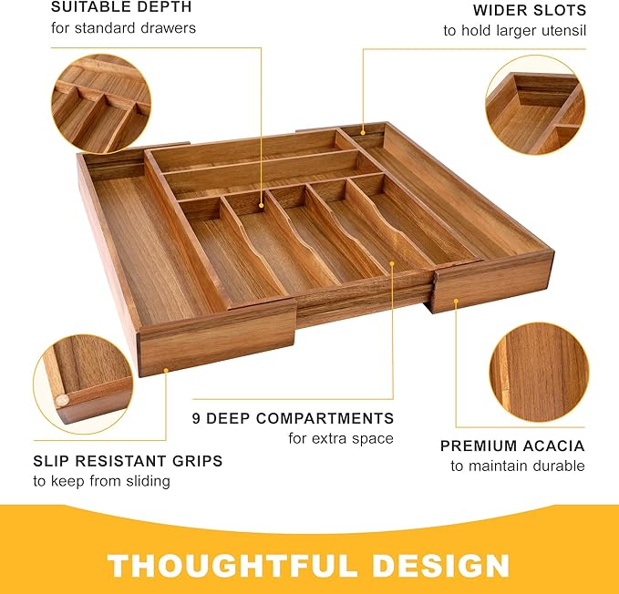 oridom Large Premium Acacia Silverware Organizer - Image 5