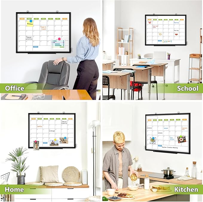 Dry Erase Calendar Whiteboard for Wall, 24" x 18" Magnetic Monthly White Board Calendar with Black Aluminum Frame, Double-Sided Hanging Dry Erase Board for Office, Home, School-DeskLoop Office