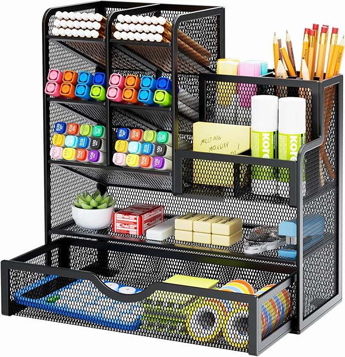Marbrasse Mesh Pen Holder for Desk, Multi-Functional Pencil Organizer with Drawer, Desk Organizers and Accessories for Office Art Supplies (Black)-DeskLoop Office