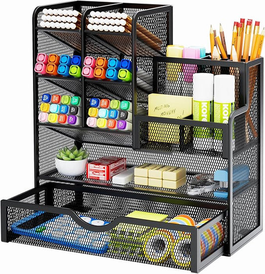 Marbrasse Mesh Pen Holder for Desk, Multi-Functional Pencil Organizer with Drawer, Desk Organizers and Accessories for Office Art Supplies (Black)-DeskLoop Office