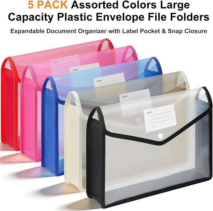 5 Pack Plastic Expanding File Folder, A4 Document Folder Large Capacity - Image 2