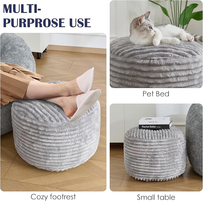 SHOUREN Stuffed Round Ottoman, Corduroy Pouf Ottoman Foot Rest - Image 6