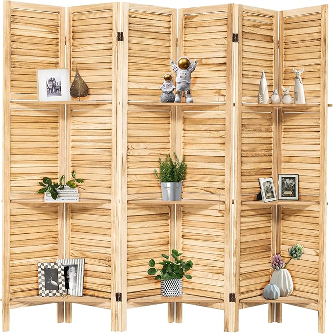 NicBex 6 Panel Room Divider,5.6FT Wood Carved Room Dividers with Display Shelves Folding Privacy Screens Portable Freestanding Partition Wall Dividers for Room Separation, Bedroom Office,Natural Wood-DeskLoop Office
