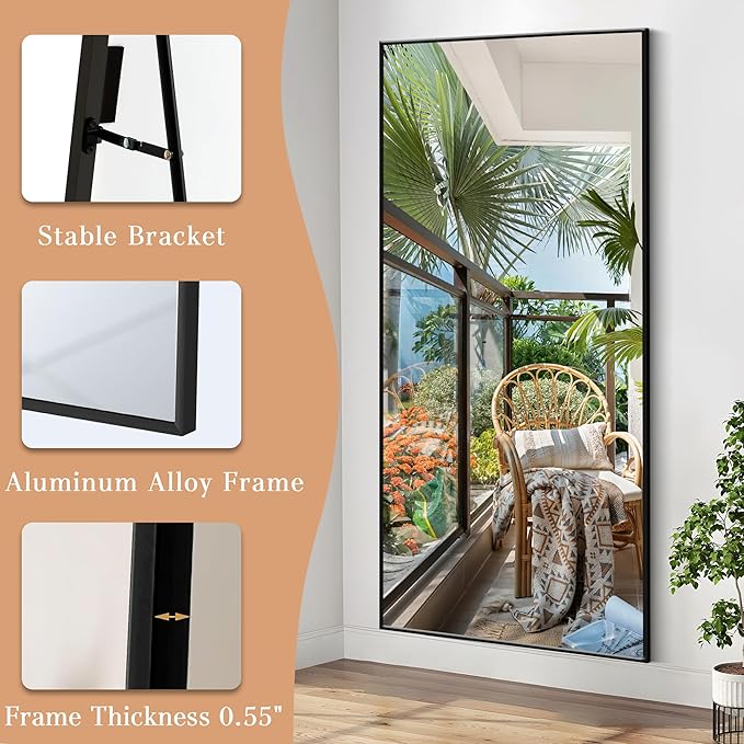 Large Size Full Length Mirror with Stand, 71"x32" Free-Standing Leaning Wall-Mounted Mirrors, Elegant Body Mirror for Living Room, Bedroom & Cloakroom, Black-DeskLoop Office
