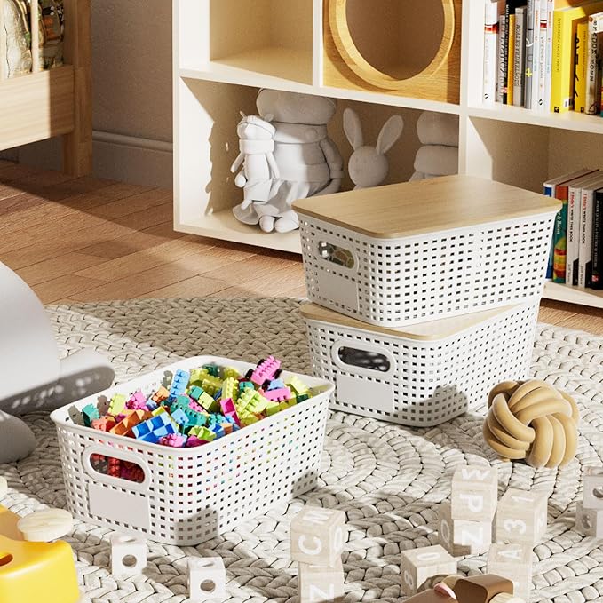 6Pcs Storage Bins with Lids, Stackable Plastic Storage Basket with Bamboo Lid - Image 9