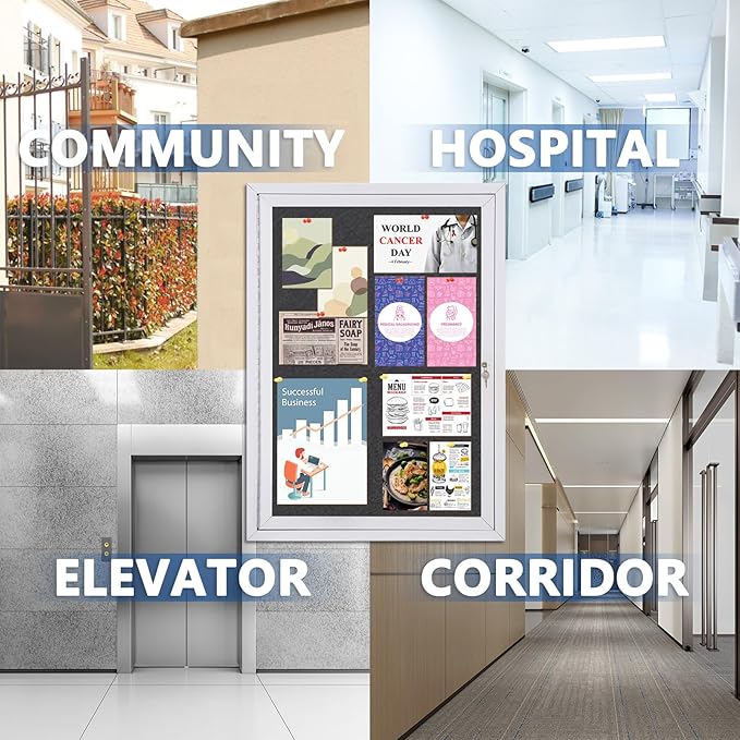 SWANCROWN Outdoor Bulletin Board Weatherproof 36x24in, Enclosed Bulletin Board with Locking Door Wall Display Case for Office School Commerce Show, Black Felt, Sliver Aluminum Frame-DeskLoop Office