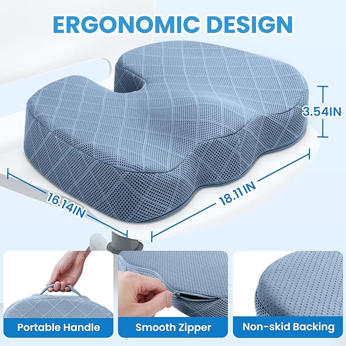 TushGuard Office/Car Seat Cushion, Non-Slip Sciatica & Back Coccyx Tailbone Pain Relief Chair Pad, Memory Foam Butt Pillow for Computer Desk, Wheelchair, Driving (Light Blue, X-Large)-DeskLoop Office