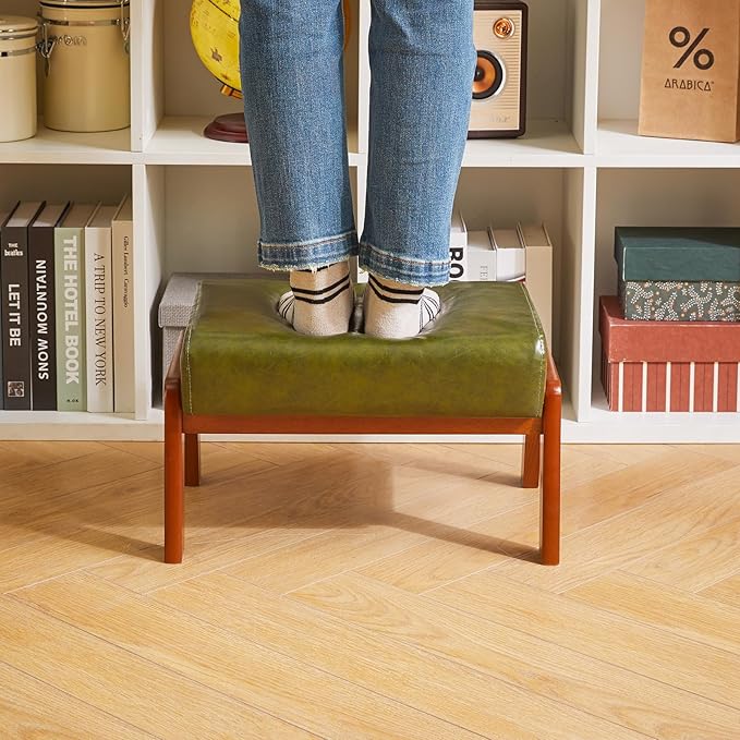 IBUYKE 10.2” H Small Foot Stool Ottoman, Rectangle PU Faux Leather Foot Rest with Padded Seat and Wood Legs, Modern Accent Ottoman Foot Rest for Living Room Bedroom Couch Office, Dark Green WBD013GR-DeskLoop Office