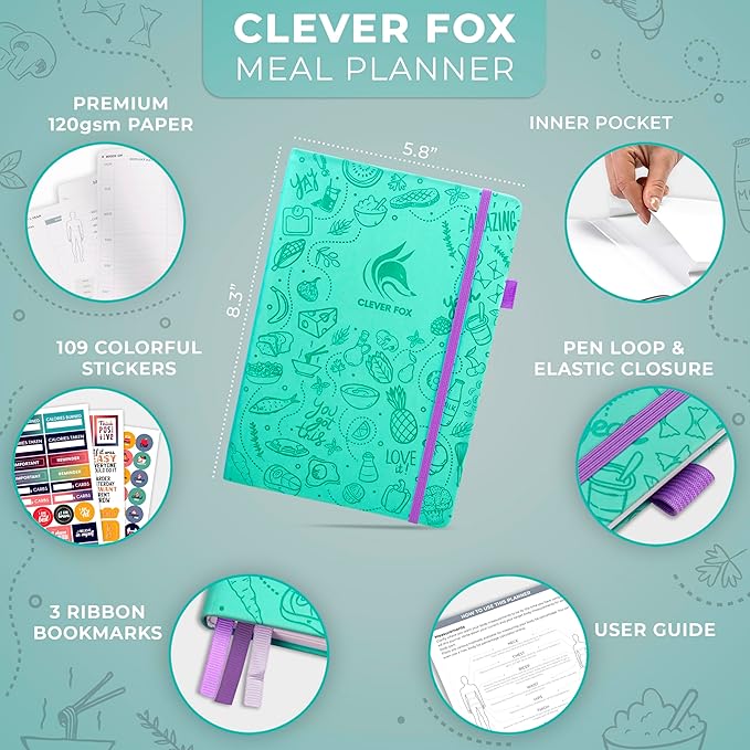 Clever Fox Weekly Meal Planner - Weekly & Daily Meal Prep Journal with Shopping and Grocery Lists for Menu Planning, Healthy Diet & Weight Loss Tracking, Lasts 1 Year, Undated, A5 - Turquoise-DeskLoop Office