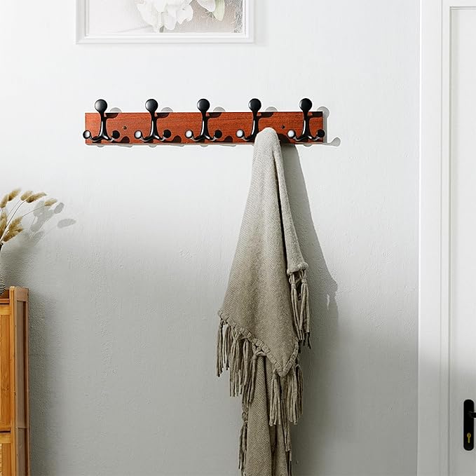 SKOLOO 24-Inch Cherry Wood Coat Rack Wall Mount with 5 Triple Hooks - Ideal for Family Entrances, Classrooms, and Pet Supplies Storage - Perfect Coat Hooks for Wall-DeskLoop Office