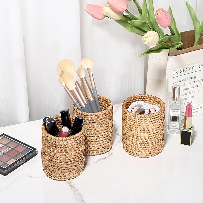BTSKY 3 Pack Rattan Pen Cup, Handmade Desk Pencil Holders Makeup Brush Holder - Image 7