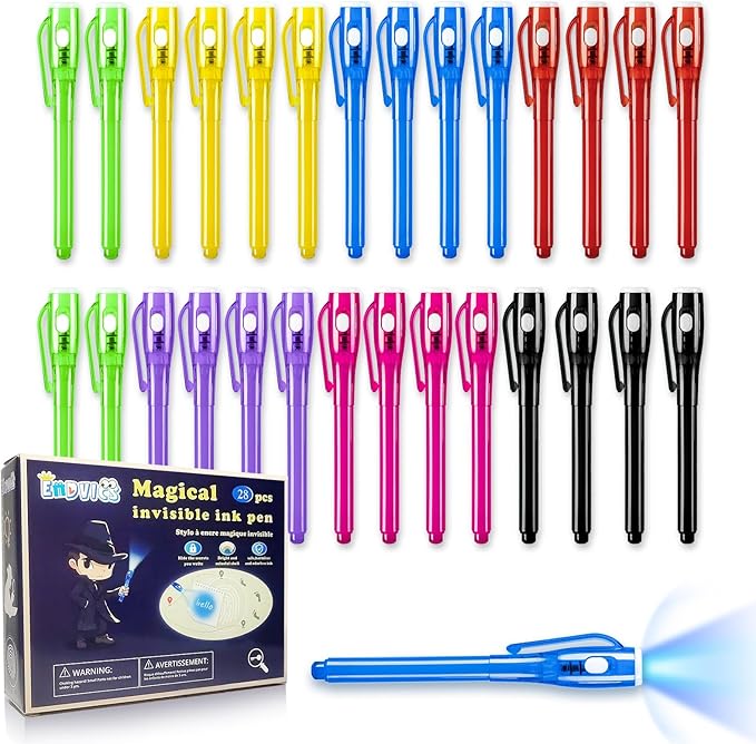 Invisible Ink Pens, 28 PCS Upgraded Spy Invisible Ink Pen with UV Light Magic Marker for Secret Message Escape Room and Kids Christmas Goodies Bags Toy, Spy Pen Party Favors for Kids 8-12-DeskLoop Office