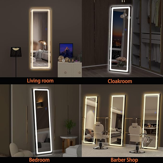 Hasipu Full Length Mirror with Lights, 56" x 16" LED Floor & Wall Mounted, Full Body Dressing Mirror for Bedroom, Living Room, Cloakroom – Round Black-DeskLoop Office