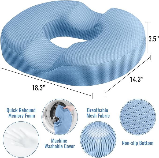 CloudBliss Donut Pillow Seat Cushion Chair Pad for Tailbone Pain Relief and Hemorrhoids, Memory Foam Seat Chair Cushion for Men and Women for Home & Office, (Light Blue-XL)-DeskLoop Office