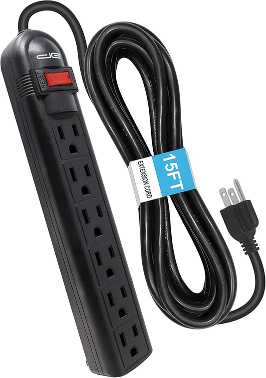 Digital Energy 6-Outlet Surge Protector Power Strip with 15-Ft Long Extension Cord, Black, ETL Listed/UL Standard-DeskLoop Office