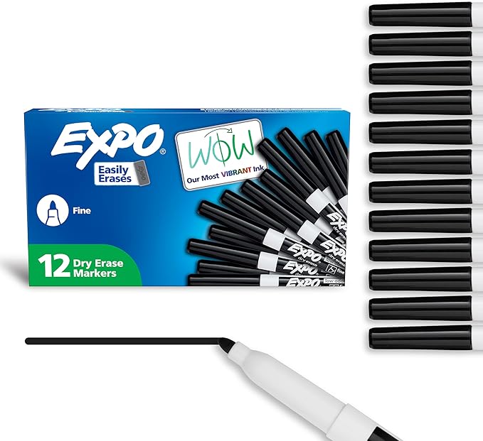 EXPO Low Odor Dry Erase Markers Fine Tip Black 12 Count-DeskLoop Office