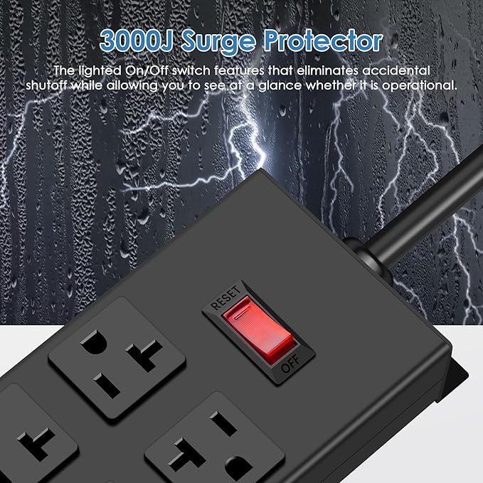 JUNNUJ Heavy Duty 20 Amp Power Strip, Garage 8 Outlets Metal 12 Gauge Surge Protector 3000J, High Amp 5-15P Adapter Shop 6-20R T-Slot Industrial Outlets (8AC, 10FT)-DeskLoop Office