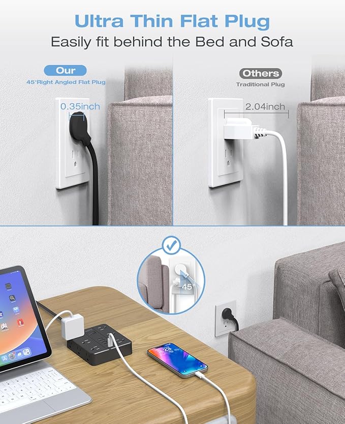 Flat Plug Power Strip, AOFO 5 Ft Extension Cord with 12 Outlets & 6 USB Ports (4 USB-A, 2 USB-C), Surge Protector, Ideal for Home, Office, Dorm, Large Spaces, Reliable and Safe, Black-DeskLoop Office