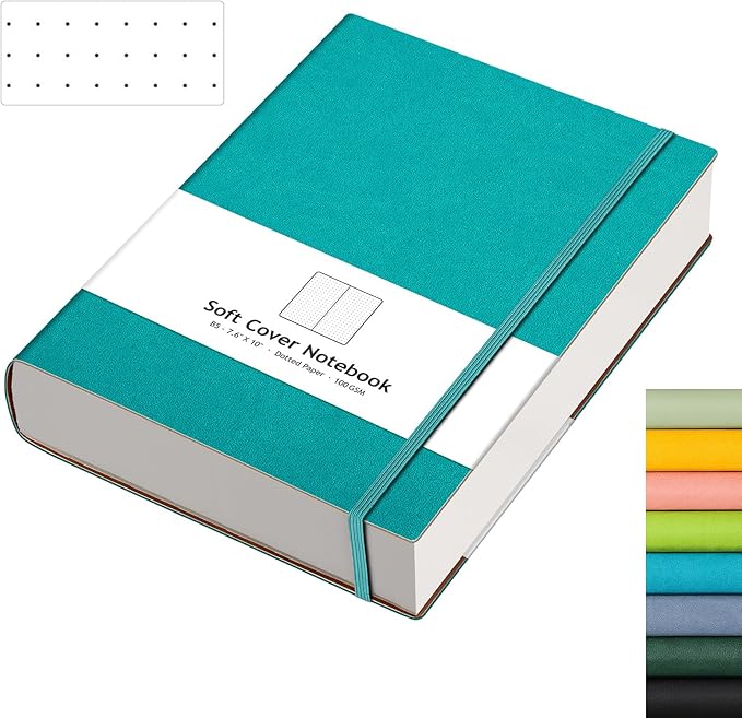 AHGXG Bullet Dotted Journal - 320 Pages Dot Grid Notebook B5 Large Journal, 7.6'' X 10'', 100gsm Thick Dotted Paper, Leather Softcover, with Journal Stencils, Inner Pocket - Cyan-DeskLoop Office