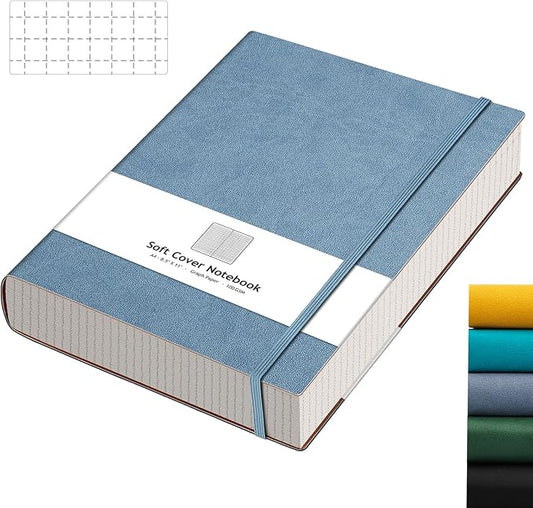AHGXG Graph Paper Notebook - Grid Paper Notebook Large A4 8.5''×11'', 320 Pages Thick Journal, 100gsm Thick Graph Paper, Leather Softcover, Inner Pocket - GrayBlue-DeskLoop Office