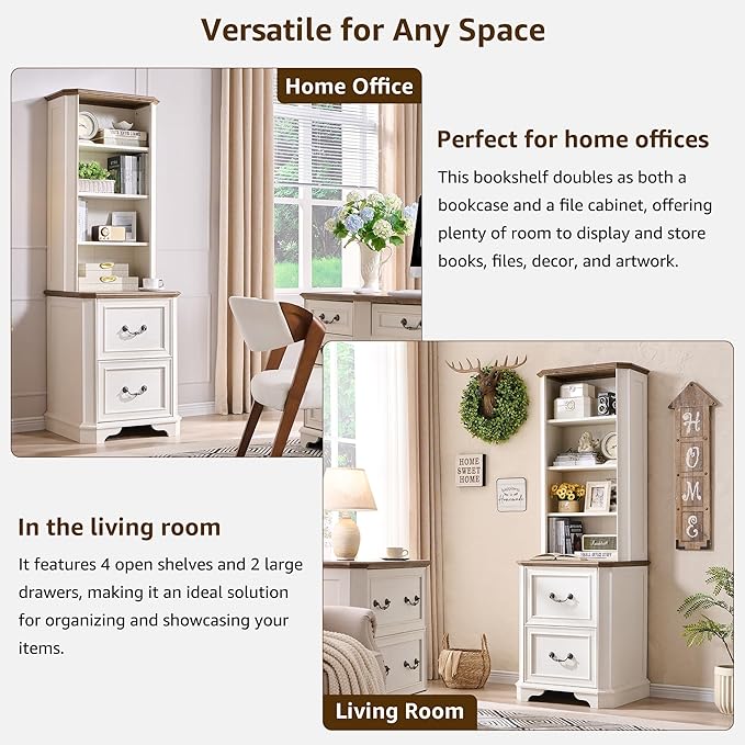 T4TREAM 6-Tier Bookcase with 2 File Drawers, 72" Tall Farmhouse Bookshelf with Storage & Adjustable Shelves, Wooden Floor Standing Display Book Shelf Organizer for Home Office, Antique White-DeskLoop Office