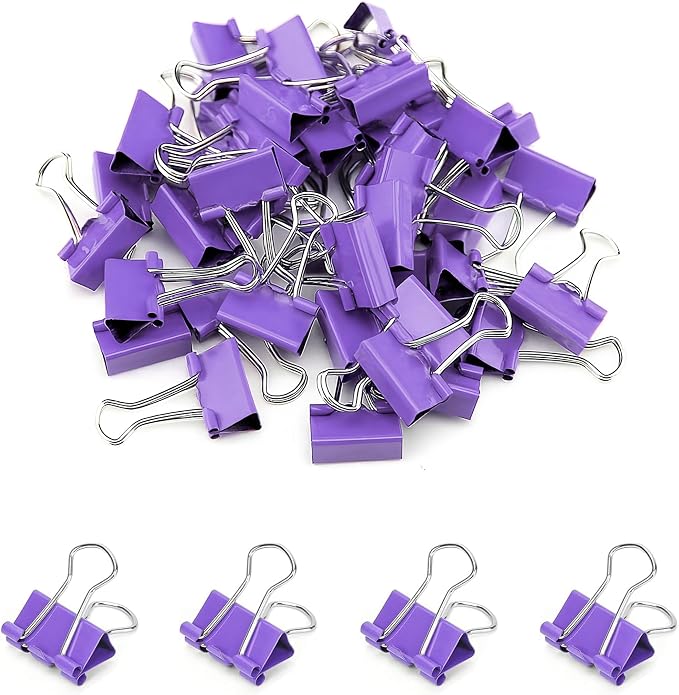 50 Pack Small Purple Binder Clips 3/4 Inch, Colored Little Paper Clamps by Qikaara