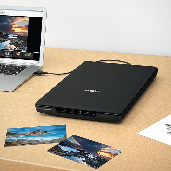 Epson Perfection V19 II Color Photo and Document Flatbed Scanner with 4800 dpi Optical Resolution, USB Power and High-Rise, Removable Lid-DeskLoop Office