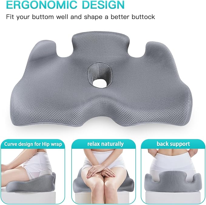 Benazcap Memory Seat Cushion for Office Chair Sciatica & Back Pain Relief Memory Foam Firm Coccyx Pad for Car, Wheelchair, Gaming Chair and Desk Chair, Gray-DeskLoop Office