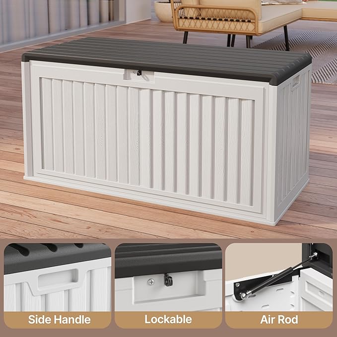 Gizoon 100 Gallon Deck Box, Resin Outdoor Storage Box with Lockable Lid, Waterproof and UV Resistant, Perfect for Storing Patio Mats, Garden Tools, Home and Outdoor Organization-DeskLoop Office