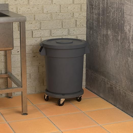 20 Gallon Gray Round Commercial Trash Can with Lid and Dolly-DeskLoop Office