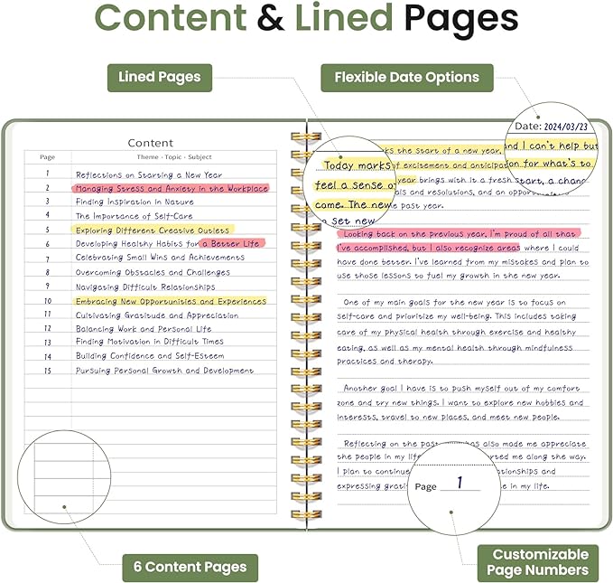 Taja Lined Spiral Journal Notebook for Work, 6 Pack, 140 Pages, College Ruled Hardcover Notebook Journal for Women, 6 Pcs, Journals for Writing, A5(6"x8") - Green-DeskLoop Office