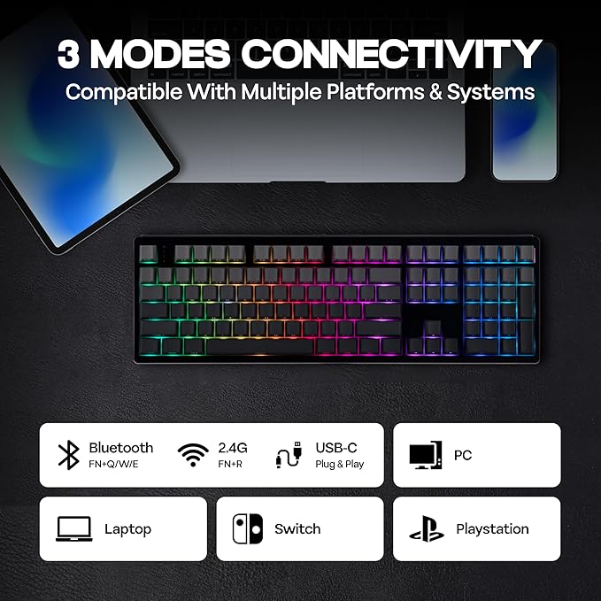 EPOMAKER TH108 Full Size Mechanical Keyboard, Wireless Gaming Keyboard, 8000mAh Battery, Creamy Gasket, 108 Keys, Hot Swap, Custom Driver, RGB Backlights (Black, Sea Salt Silent Switch)-DeskLoop Office