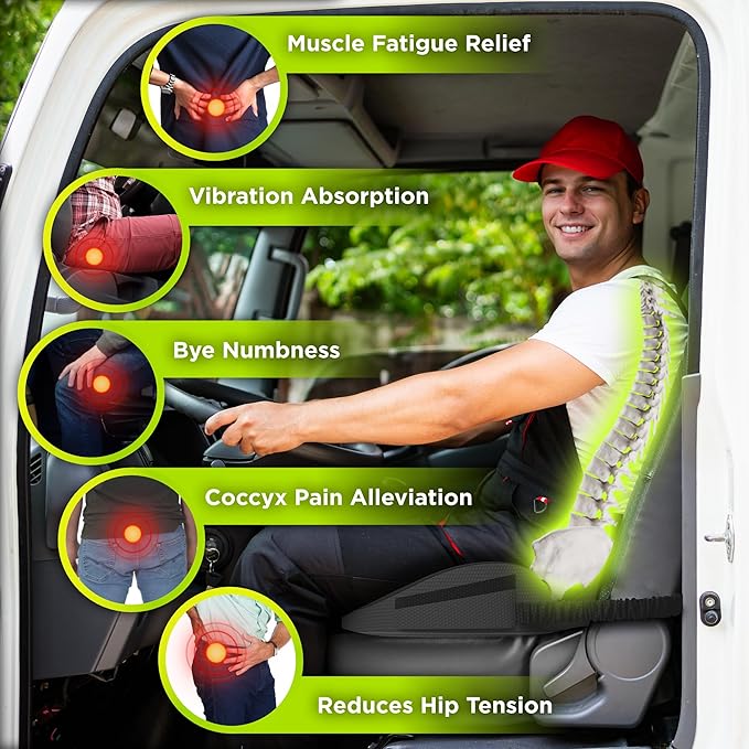 Large Truck Seat Cushion for Truck Driver Seat Cushion - Upgraded Back Support, CertiPUR-US® Certified - Thick Memory Foam, Pain Relief for Hours of Driving, Trucker Approved Big Rig - Black-DeskLoop Office