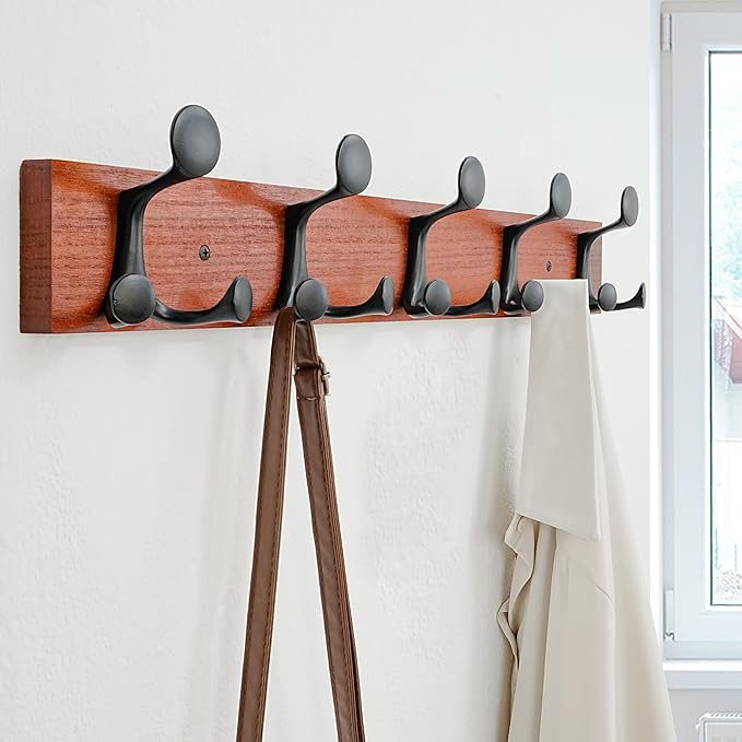 SKOLOO 24-Inch Cherry Wood Coat Rack Wall Mount with 5 Triple Hooks - Ideal for Family Entrances, Classrooms, and Pet Supplies Storage - Perfect Coat Hooks for Wall-DeskLoop Office