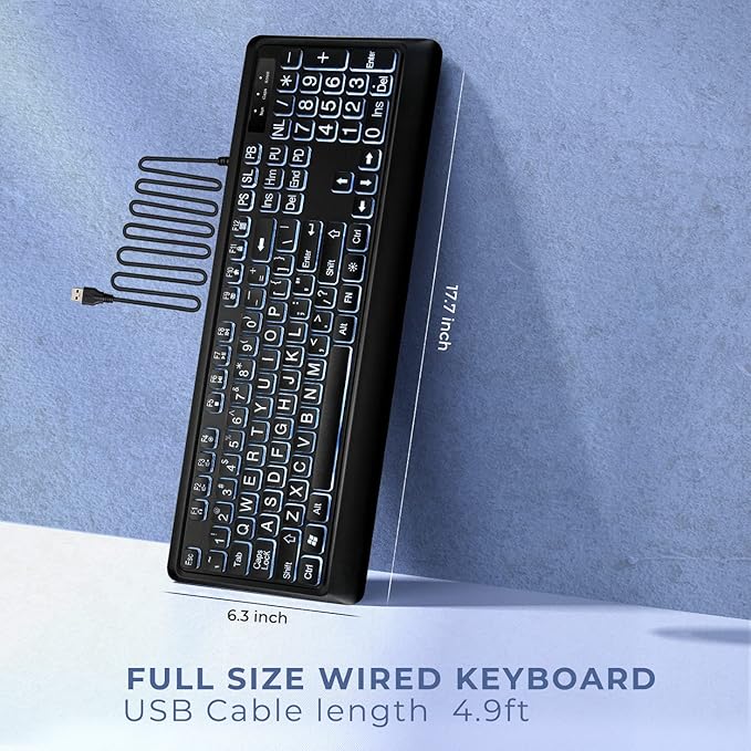 Large Print Backlit Keyboard, USB Wired Computer Keyboard, Full Size Keyboard with White Illuminated LED Compatible for Windows Desktop, Laptop, PC, Gaming, Black-DeskLoop Office