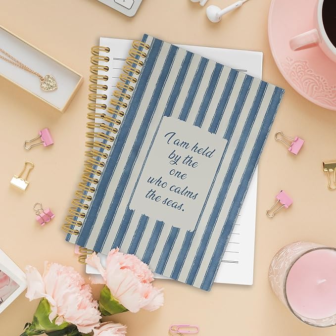 XPH Coastal Christian Spiral Notebook, Bible Verse Journaling Notebooks for Prayer, Blue Striped Religious Hardcover Journal for Writing 160 Pages 5.5 x 8.3 Inch, Christian Gifts for Women Men-DeskLoop Office