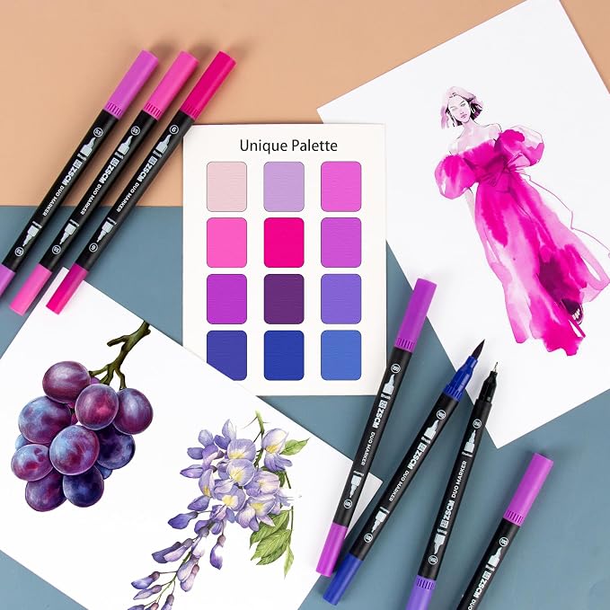 Purple Duo Tip Marker Pens, 12 Pack Fine & Brush Markers - Image 5